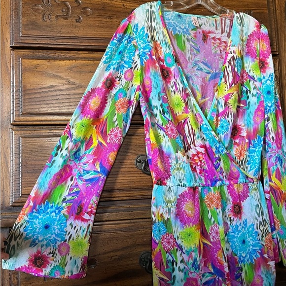 Luli Fama Sheer Floral Long Fan Sleeve Romper - Picture 4 of 9